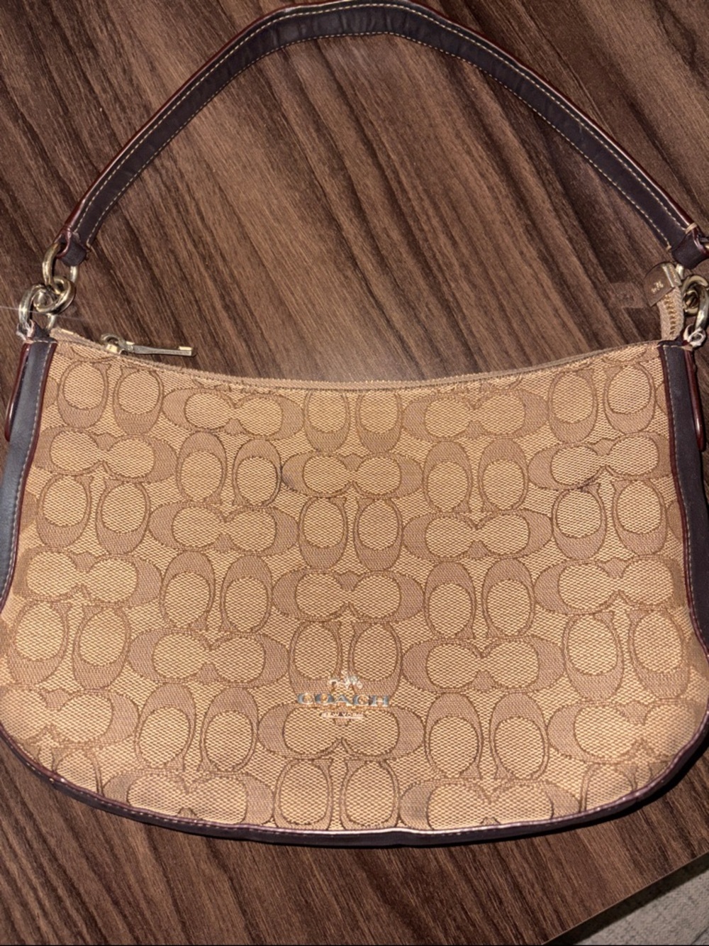 Coach Signature Jacquard Shoulder Bag in Tan with Brown Trim